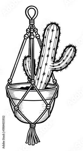 Stylized line drawing of a potted cactus plant hanging in a decorative macrame planter for bohemian home decor and botanical themed projects