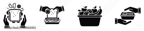 Collection of foodrelated icons representing fresh sandwich preparation, healthy fruit snacks, and convenient meal delivery services perfect for restaurant menus, catering businesses, and