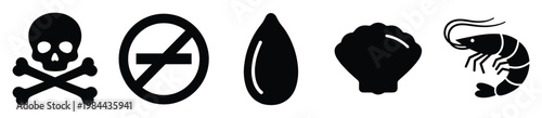 Essential set of distinct silhouette icons including a danger skull, no smoking prohibition, a liquid drop, a delicate seashell, and a marine shrimp, versatile for various design projects.