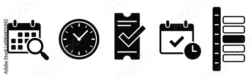 Modern black silhouette icon set representing time management, event scheduling, task tracking, and planning, useful for various digital interfaces, business presentations, and
