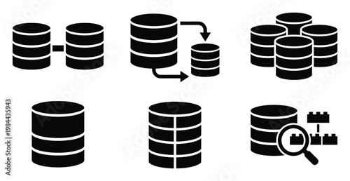 Modern collection of black database icons symbolizing data storage, secure transfer, and structured information management, ideal for technology presentations and software solutions.