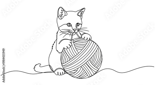 Charming black and white line art illustration of an adorable kitten playfully engaging with a large ball of yarn, depicting innocence and curiosity in a simple, elegant drawing style