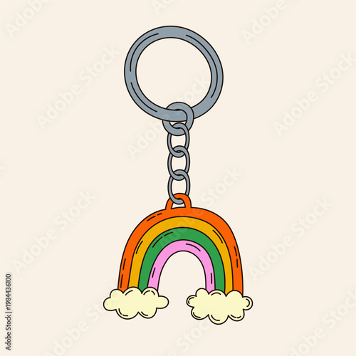 Hand-drawn funny illustration of cute rainbow and clouds keychain. Quirky weird accessory element with metal ring. Y2k colourful pendant. Trinket vector drawing