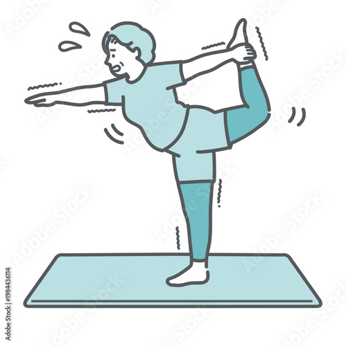 ヨガのポーズでバランスをとるのに苦戦するぽっちゃり体型のシニア女性のイラスト