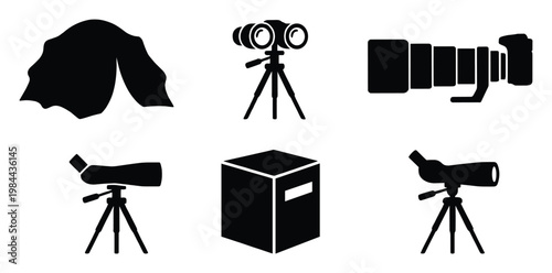Collection of outdoor observation equipment and gear silhouettes including binoculars, spotting scopes, telephoto camera, tent, and blind for wilderness exploration and safari activity
