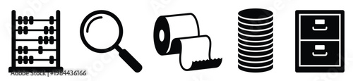 Versatile collection of essential business and financial management tools including an abacus, magnifying glass, paper rolls, database, and filing cabinet for illustrating financial data,