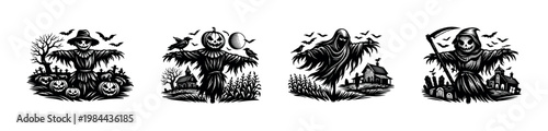Spooky halloween scarecrow and grim reaper illustrations, black and white silhouette vector elements