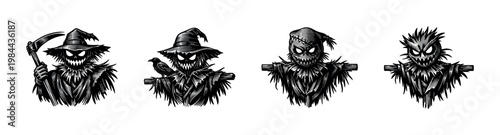 Spooky scarecrow vector illustration set, halloween scarecrow, black and white silhouette elements