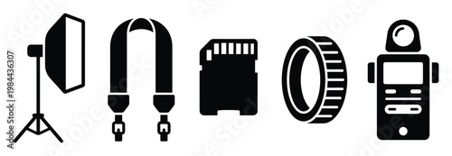 Professional photography studio equipment and camera accessories for creative visual content production including light modifier memory card and metering device