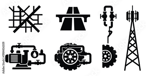 Collection of essential infrastructure and utility vector symbols depicting transportation networks communication towers water pump systems and industrial machinery components for