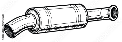 This detailed line drawing of an automotive muffler or exhaust pipe provides a clear visual for vehicle repair and maintenance guides, car part catalogs, or mechanic service advertisements.