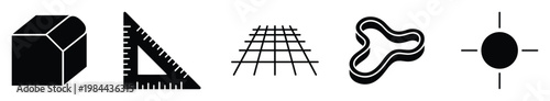 Variety of geometric and abstract symbols including a solid block, ruler, grid, intricate knot, and directional target icon for professional design, engineering, and educational graphics.