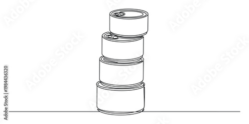 Continuous single line drawing depicting a stack of generic food cans, perfect for minimalist packaging design, grocery store advertising, or illustrating food supply chain concepts