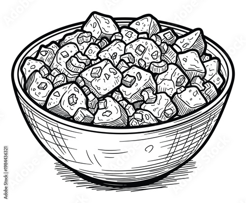 Hand drawn sketch of a rustic bowl filled with perfectly diced food cubes useful for culinary presentations restaurant menus and food preparation guides