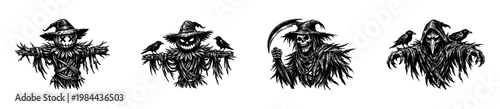 Spooky halloween scarecrow and grim reaper silhouettes, black and white vector illustration, illustrated elements