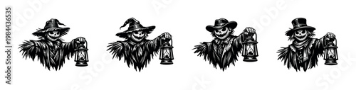 Halloween scarecrow figures holding lanterns black and white vector illustrations