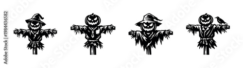 Halloween scarecrow silhouette set with pumpkin heads and hats, black and white vector illustration