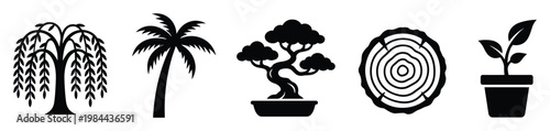 A versatile collection of distinct tree and plant icons featuring weeping willow, palm, bonsai, wood slice, and potted sapling for environmental graphic projects