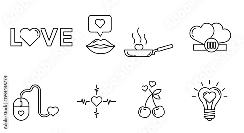 Charming collection of minimalist line art icons symbolizing diverse facets of love, romance, and heartfelt connections, perfect for Valentine's Day or romantic themes