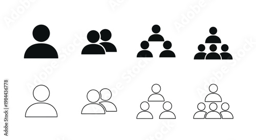 Modern minimalist vector icons representing diverse people, users, and various group configurations for social networks, team management, and digital community platforms