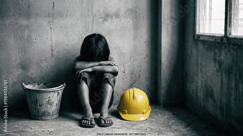Sad little child sitting on the floor in a dark, neglected room, symbolizing child labor and poverty.