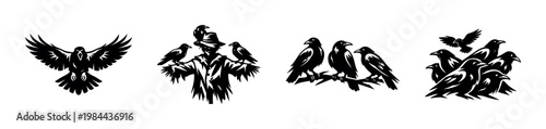 Black and white vector illustrations of crows and scarecrow silhouettes in artistic style
