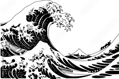 Iconic japanese wave with boats and distant mount fuji, black and white line ocean
