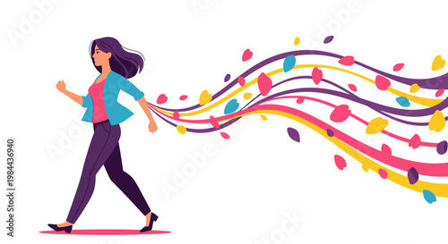 Woman walking with colorful abstract lines.