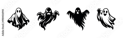 Set of four ghost silhouettes in black and white for halloween decor vector illustration