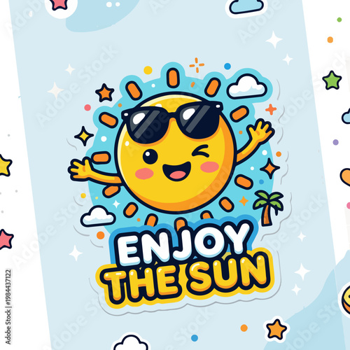 Joyful cartoon sun wearing sunglasses and waving, inviting to enjoy sunny weather.