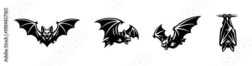 Stylized bat illustrations featuring various poses and expressions, black and white vector clipart, animal silhouette