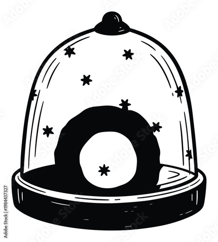 Hand drawn sketch of a magical glass dome cloche with an enchanted ring and sparkling stars inside perfect for mystical themed projects and decorative graphic assets