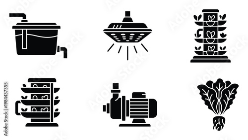 Hydroponics and vertical gardening equipment icons featuring water reservoir, pump, grow light, and plant towers for sustainable indoor farming and modern agriculture projects