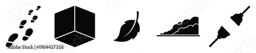 Black silhouette icon set featuring footprints, an isometric cube, a natural leaf, clouds, and a utility plunger, ideal for conceptual diagrams, informational graphics, and various digital