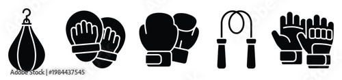 Essential boxing and combat sport equipment icons showcasing speed bag focus mitts boxing gloves jump rope and MMA gloves for athletic training websites and gym promotions