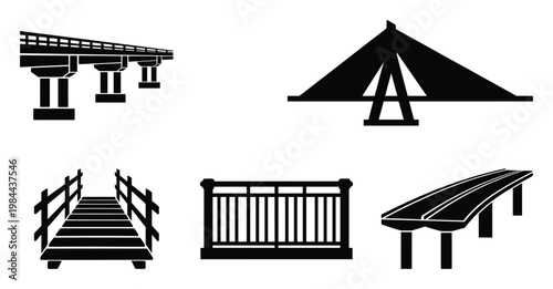 Set of diverse bridge architectural structure black silhouette symbols including suspension, beam, and pedestrian designs for construction and travel related graphics.
