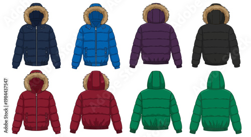 Collection of various colored hooded winter puffer jackets displayed in two rows for fashion and apparel design