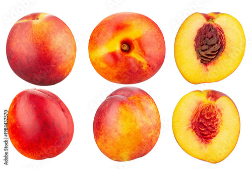 Ripe nectarine fruits collection isolated on white background, whole and half cut. File Contains Clipping Path.