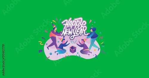 Digital animation of happy new year text banner with people partying icons against black background