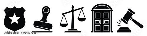 Essential legal and justice system icons featuring a police badge, official stamp, scales of justice, courtroom door, and judges gavel for professional service applications