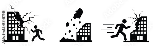 Depicting a person escaping from a collapsing building due to a natural disaster like an earthquake, this visual is ideal for emergency preparedness guides and safety warnings