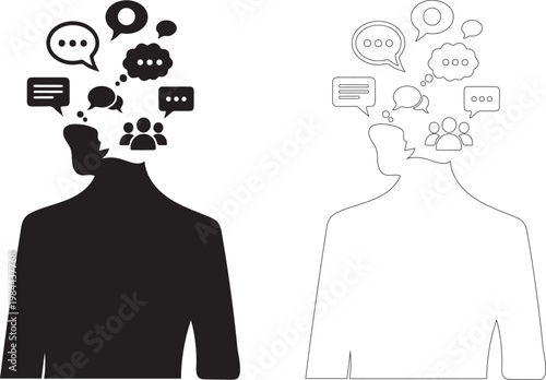 Two human silhouettes with various chat and thought bubbles coming out of their heads
