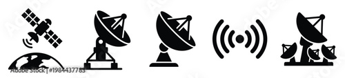 Versatile satellite and antenna icons depicting global telecommunication, wireless internet, and broadcasting technology, ideal for diverse digital projects and infographic presentations