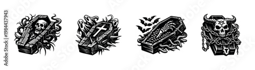 Dark gothic coffin illustrations with skulls and horror elements in black and white vector style