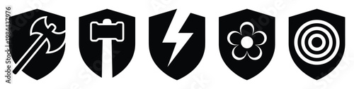 A collection of five symbolic shield icons featuring an axe, hammer, lightning bolt, flower, and target, representing various concepts for gaming, app interfaces, or heraldry designs