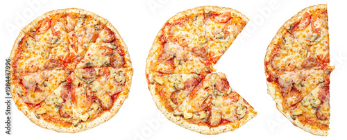 Top view of a food set featuring a whole italian pizza, a pizza with a missing slice, and a vertical half portion. Isolated on a white background, these delicious pizzas 