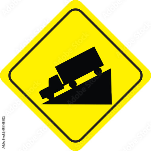 Steep hill descent warning sign vector illustration with truck icon