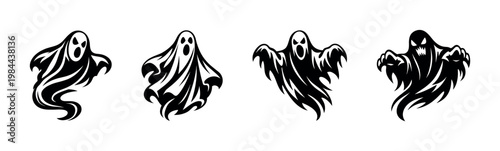 Spooky ghost silhouette illustrations, halloween spirit artwork, black and white vector elements