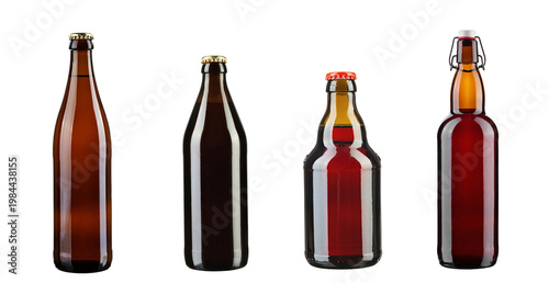 Set of empty brown glass bottles isolated on white background, beer and beverage packaging collection