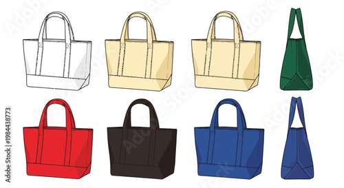 A collection of different colored tote bags displayed in a grid format, showcasing their various designs and functionalities for everyday use